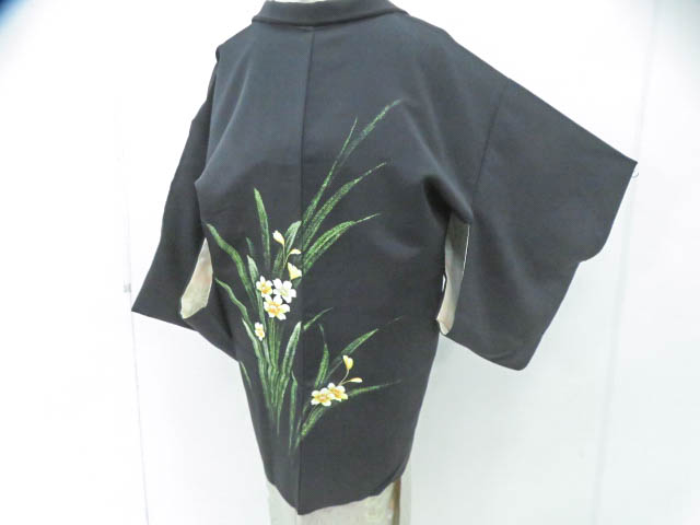 リサイクル 羽織 黒羽織 手描き 金彩 花文様 羽織紐付き